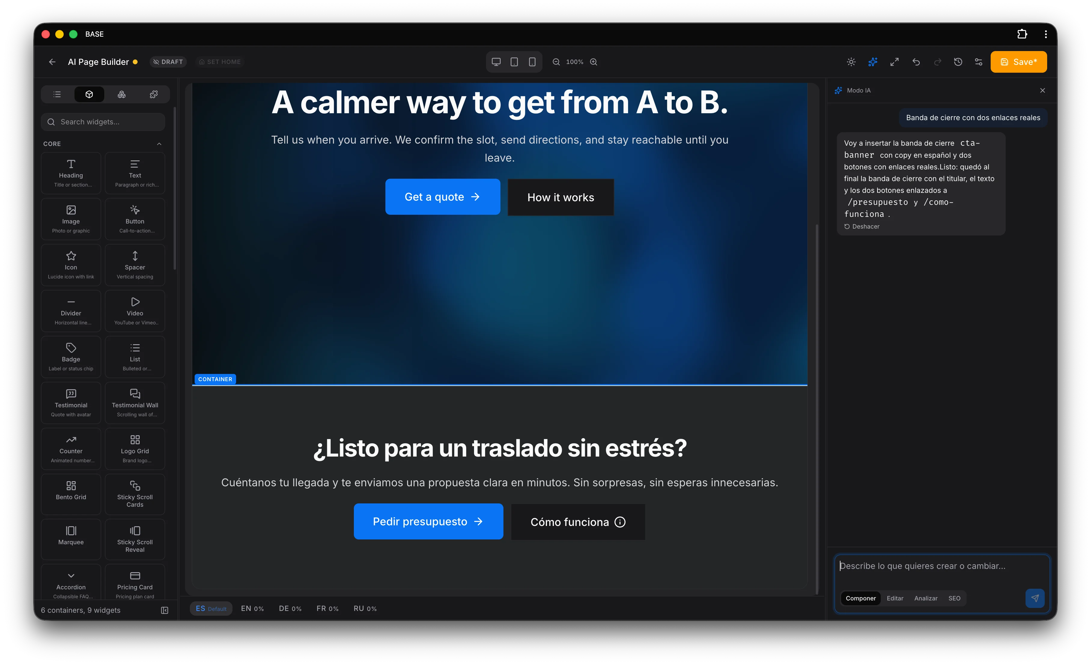 Editor de páginas de BASE con bloques visuales y un asistente de IA.