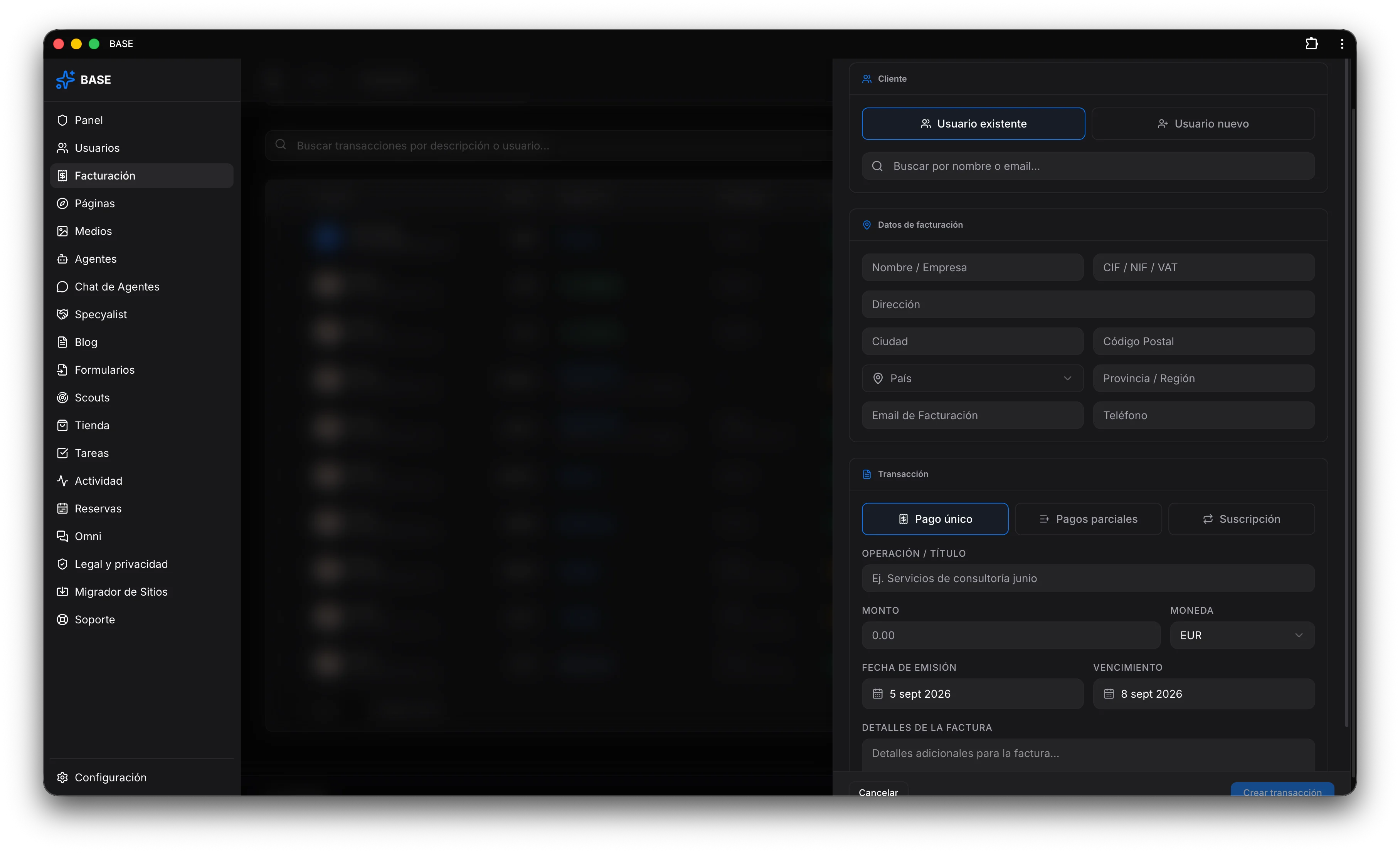 Formulario de BASE para crear una transacción con datos de facturación y opciones de pago.