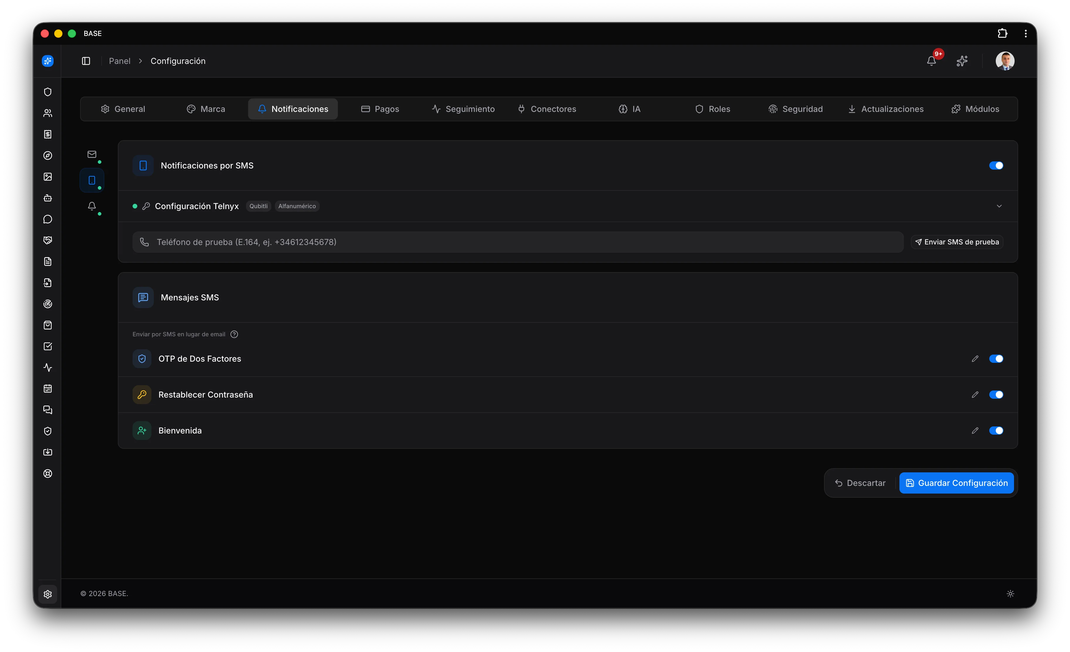Panel de BASE para configurar notificaciones por SMS.